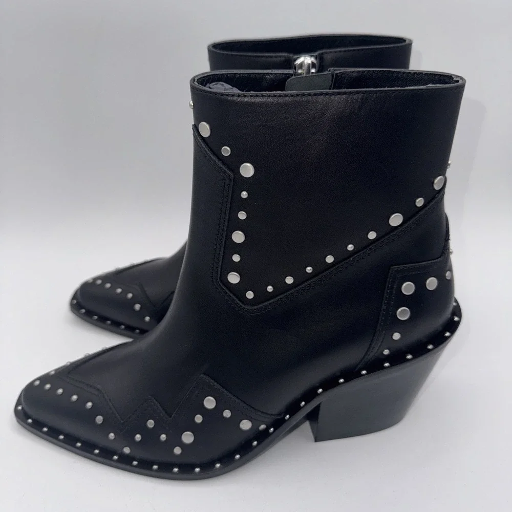 The Kooples Santiag Studded Boot Women's Size 7 EU 38 Black Leather Dustbag